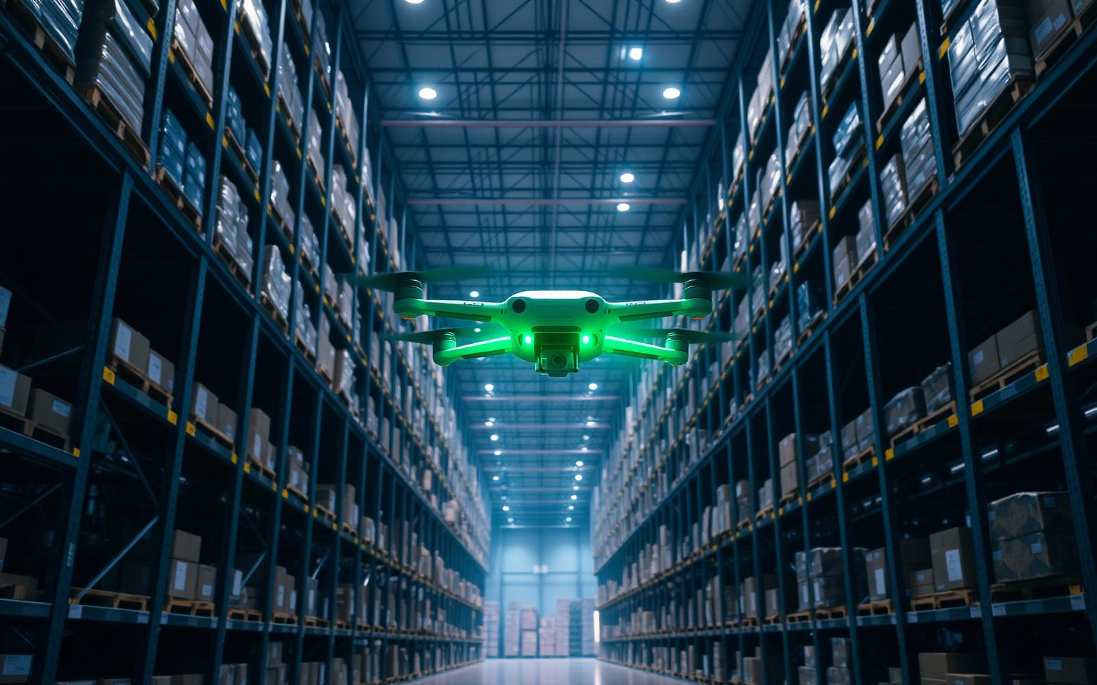 Drone customizado FlyDev em corredor de armazém
