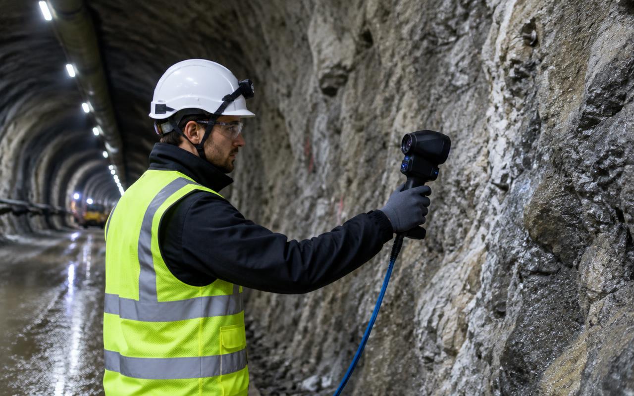 Operador digitalizando a parede de um túnel com equipamento portátil de captura 3D