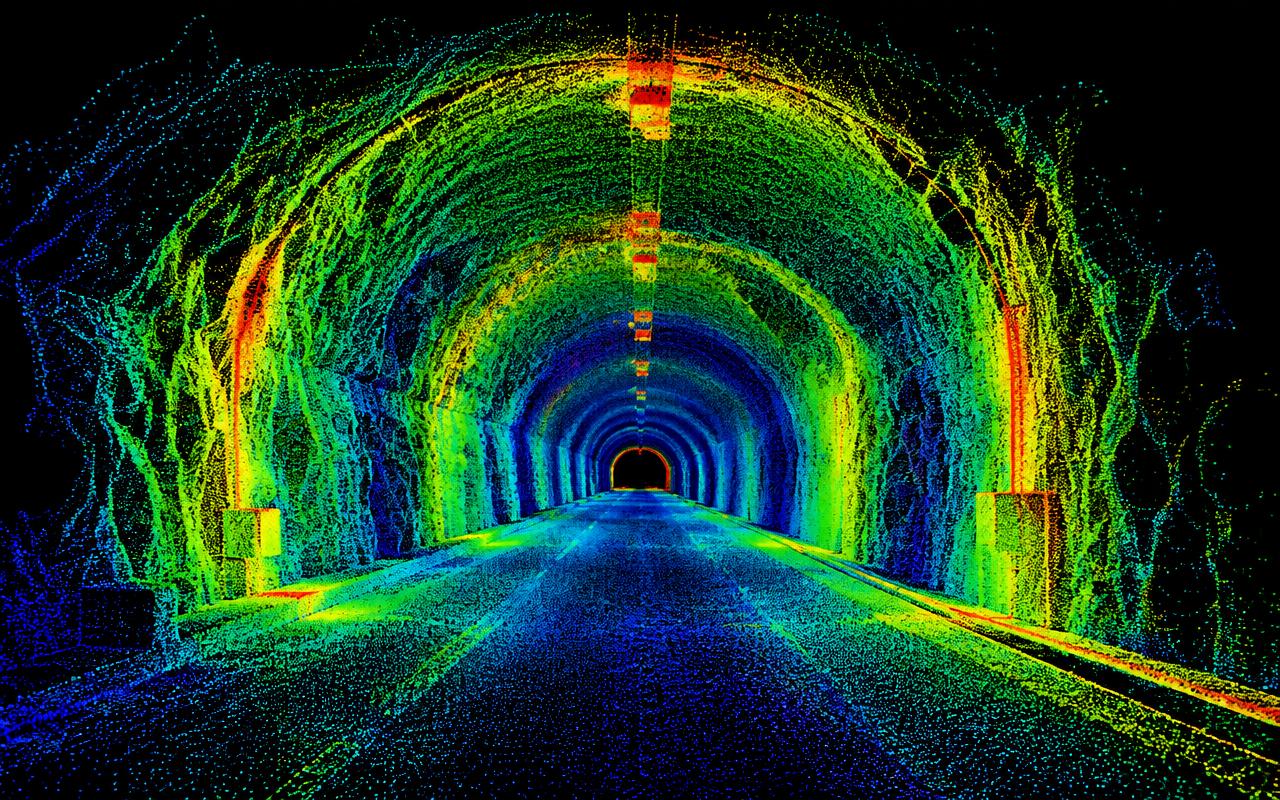 Visualização ilustrativa de nuvem de pontos de um túnel colorida por intensidade