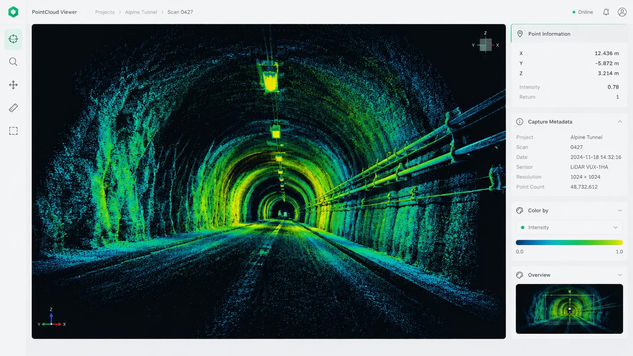 Visualização ilustrativa de um visualizador 3D com nuvem de pontos de túnel