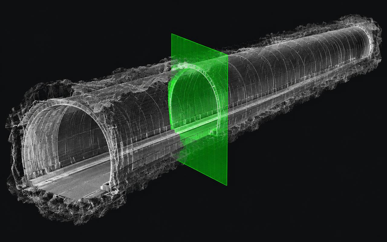 Visualização ilustrativa de plano de corte sobre nuvem de pontos de túnel