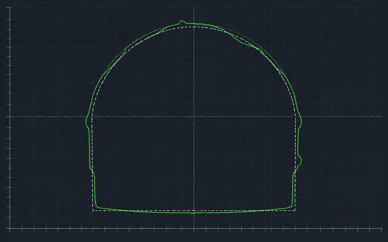 Visualização ilustrativa comparando o contorno de projeto e o contorno executado de um túnel