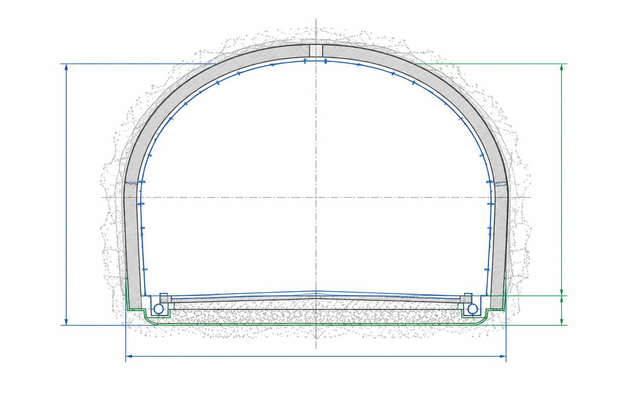 Visualização ilustrativa de contornos CAD sobrepostos a uma nuvem de pontos de túnel